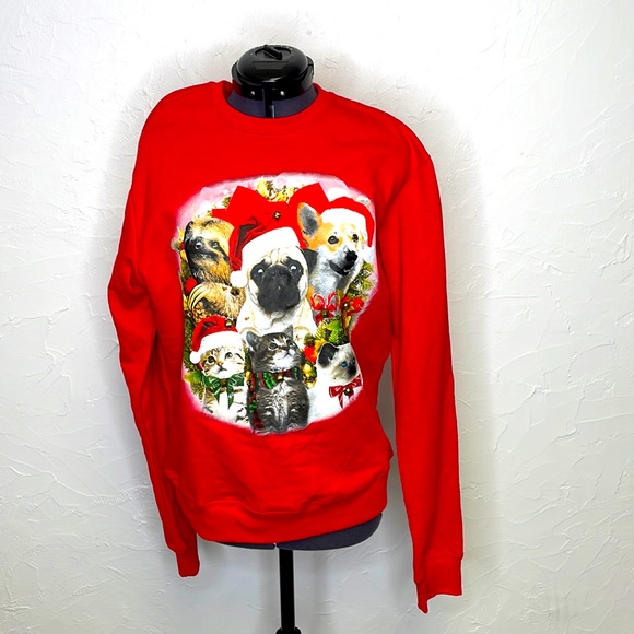 Ugly Christmas Sweater/Sweatshirt With Dogs and Cats with Real Jingle Collars - Picture 1 of 10